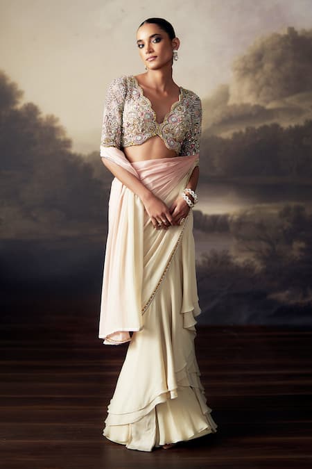 Ohaila Khan Embroidered Blouse With Ruffle Pre-Draped Saree 