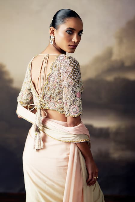 Buy Ohaila Khan Peach Chiffon, Tulle Pearls, Embroidered Blouse With Ruffle Pre-draped Saree Online at Aza Fashions Buy_Ohaila Khan_Peach Chiffon, Tulle Pearls, Embroidered Blouse With Ruffle Pre-draped Saree _Online_at_Aza_Fashions