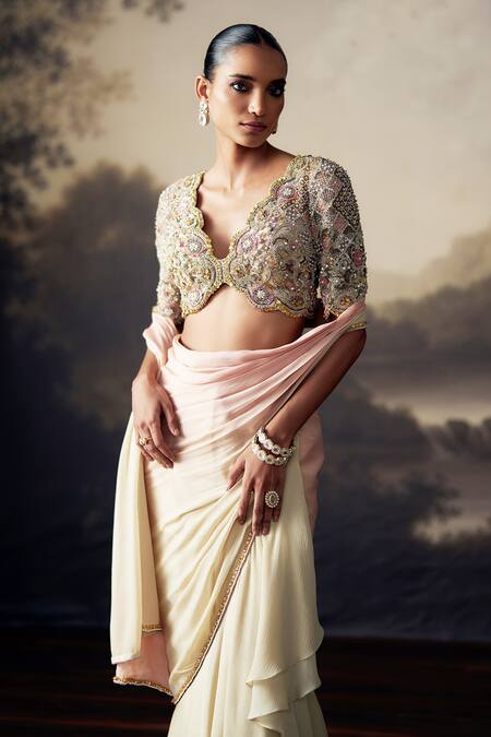 Shop Ohaila Khan Peach Chiffon, Tulle Pearls, Embroidered Blouse With Ruffle Pre-draped Saree Online at Aza Fashions Shop_Ohaila Khan_Peach Chiffon, Tulle Pearls, Embroidered Blouse With Ruffle Pre-draped Saree _Online_at_Aza_Fashions