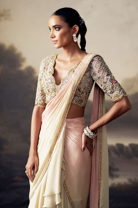 Ohaila Khan Peach Chiffon, Tulle Pearls, Embroidered Blouse With Ruffle Pre-draped Saree at Aza Fashions Ohaila Khan_Peach Chiffon, Tulle Pearls, Embroidered Blouse With Ruffle Pre-draped Saree _at_Aza_Fashions