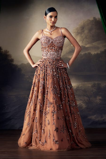 Shop_Ohaila Khan_Gold Tulle, Silk Sequins, Crystals, Beads, Embroidered Corset Lehenga Set _Online_at_Aza_Fashions