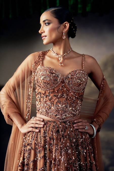 Shop_Ohaila Khan_Gold Tulle, Silk Sequins, Crystals, Beads, Embroidered Corset Lehenga Set 