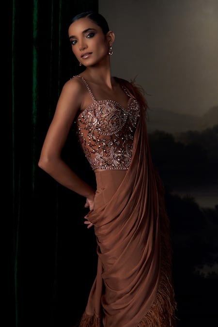 Buy_Ohaila Khan_Gold Silk, Tulle Feathers, Sequins, Crystals, Corset With Pre-draped Saree _Online_at_Aza_Fashions