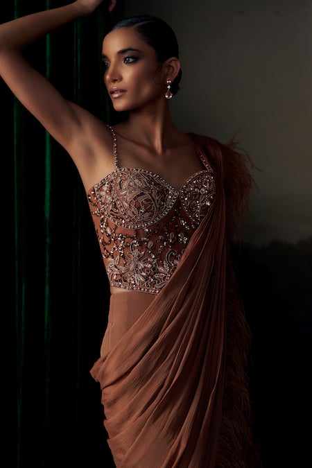 Shop_Ohaila Khan_Gold Silk, Tulle Feathers, Sequins, Crystals, Corset With Pre-draped Saree _Online_at_Aza_Fashions