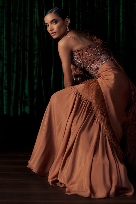 Shop_Ohaila Khan_Gold Silk, Tulle Feathers, Sequins, Crystals, Corset With Pre-draped Saree 