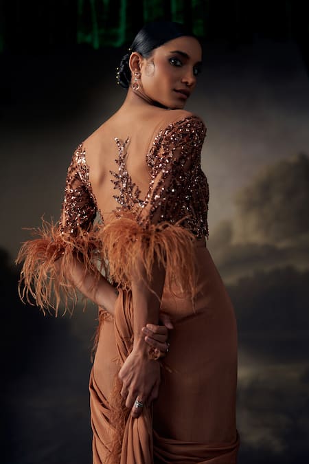 Buy_Ohaila Khan_Brown Tulle, Silk Feathers, Sequins, Embroidered Blouse With Pre-draped Saree _Online_at_Aza_Fashions