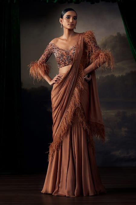 Ohaila Khan Embroidered Blouse With Pre-Draped Saree 