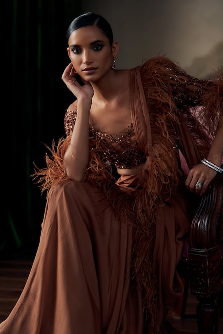 Shop_Ohaila Khan_Brown Tulle, Silk Feathers, Sequins, Embroidered Blouse With Pre-draped Saree _Online_at_Aza_Fashions