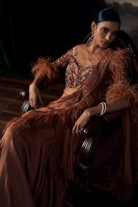 Ohaila Khan_Brown Tulle, Silk Feathers, Sequins, Embroidered Blouse With Pre-draped Saree _at_Aza_Fashions