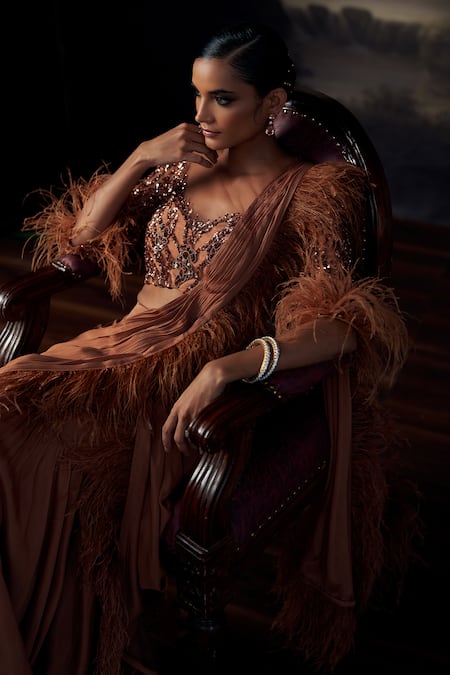 Buy_Ohaila Khan_Brown Tulle, Silk Feathers, Sequins, Embroidered Blouse With Pre-draped Saree 