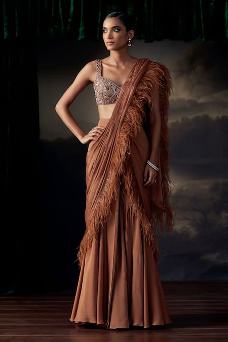 Ohaila Khan Embroidered Blouse & Feather Pre-Draped Saree 