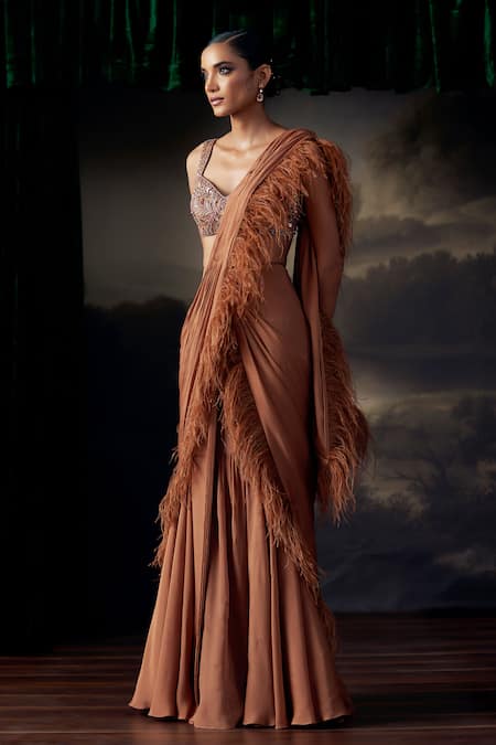 Shop_Ohaila Khan_Brown Tulle, Silk, Satin Feathers, Sequins, Crystals, Blouse And Pre-draped Saree _Online_at_Aza_Fashions