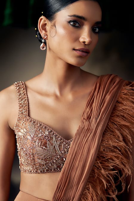 Buy_Ohaila Khan_Brown Tulle, Silk, Satin Feathers, Sequins, Crystals, Blouse And Pre-draped Saree 