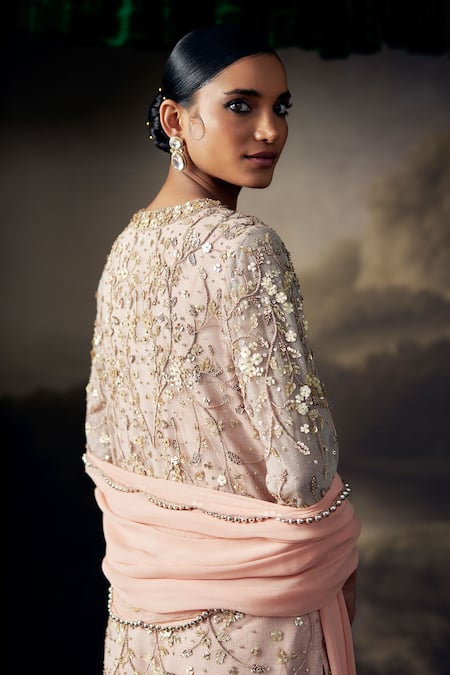 Buy_Ohaila Khan_Peach Crepe, Georgette, Tulle, Silk Sequins, Beads, Zari, Zardozi Kurta Set _Online_at_Aza_Fashions