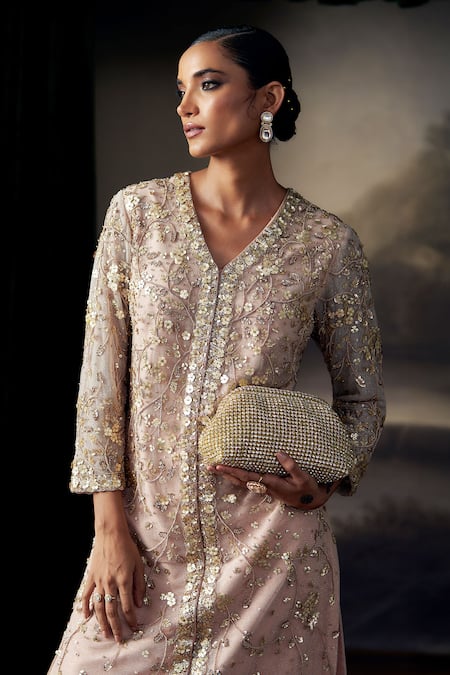 Shop_Ohaila Khan_Peach Crepe, Georgette, Tulle, Silk Sequins, Beads, Zari, Zardozi Kurta Set _Online_at_Aza_Fashions