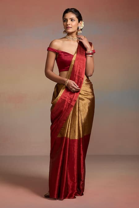 Dressfolk_Red Tissue Beads Aanya And Saree With Unstitched Blouse Piece _Online_at_Aza_Fashions