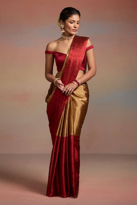 Buy_Dressfolk_Red Tissue Beads Aanya And Saree With Unstitched Blouse Piece _Online_at_Aza_Fashions
