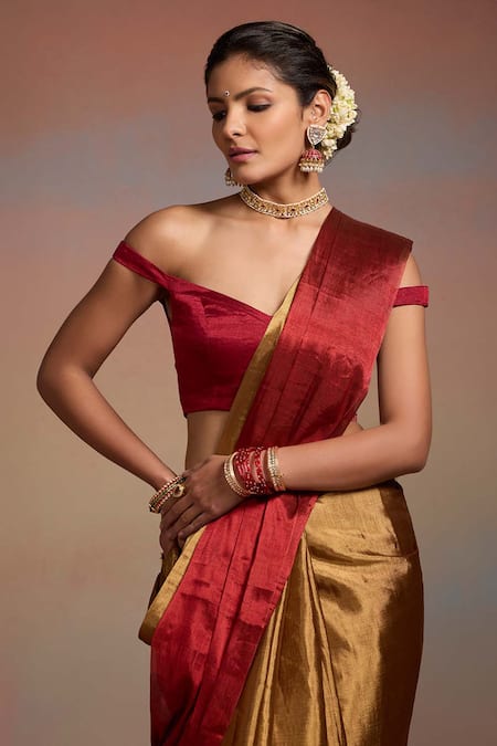 Shop_Dressfolk_Red Tissue Beads Aanya And Saree With Unstitched Blouse Piece _Online_at_Aza_Fashions
