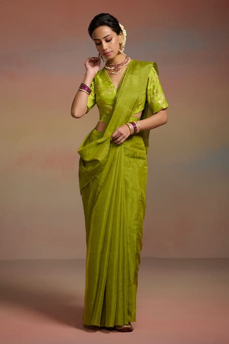 Dressfolk_Green Tissue Beads, Tassels Kira Saree With Unstitched Blouse Piece _Online_at_Aza_Fashions