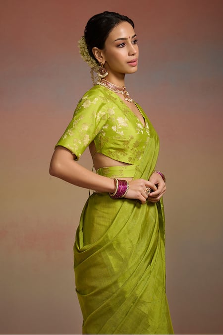 Shop_Dressfolk_Green Tissue Beads, Tassels Kira Saree With Unstitched Blouse Piece _Online_at_Aza_Fashions
