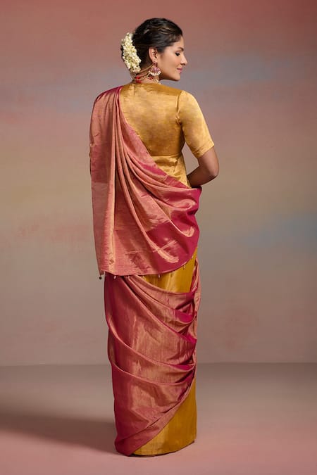 Shop Dressfolk Yellow Tissue Beads Rivya Saree With Unstitched Blouse Piece at Aza Fashions Shop_Dressfolk_Yellow Tissue Beads Rivya Saree With Unstitched Blouse Piece _at_Aza_Fashions