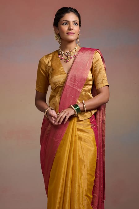 Shop Dressfolk Yellow Tissue Beads Rivya Saree With Unstitched Blouse Piece Online at Aza Fashions Shop_Dressfolk_Yellow Tissue Beads Rivya Saree With Unstitched Blouse Piece _Online_at_Aza_Fashions