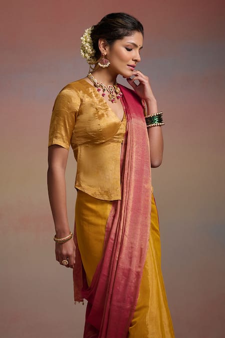 Dressfolk Yellow Tissue Beads Rivya Saree With Unstitched Blouse Piece at Aza Fashions Dressfolk_Yellow Tissue Beads Rivya Saree With Unstitched Blouse Piece _at_Aza_Fashions