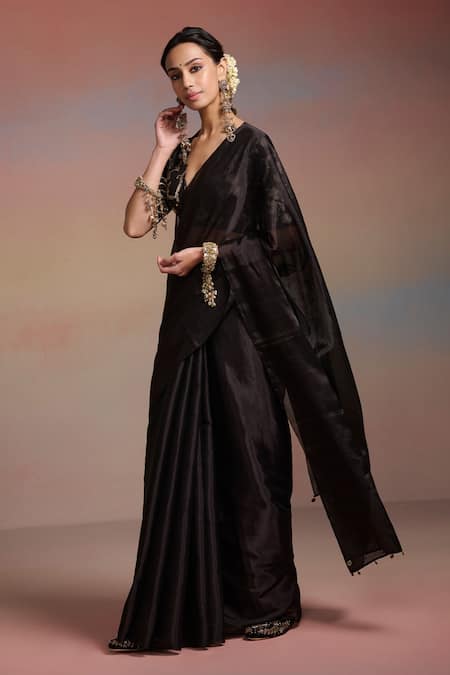 Dressfolk_Black Tissue Beads Rehmate Saree With Unstitched Blouse Piece _Online_at_Aza_Fashions