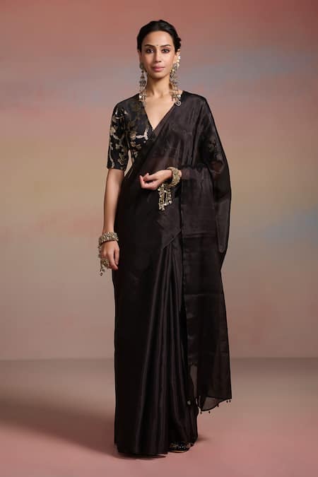 Buy_Dressfolk_Black Tissue Beads Rehmate Saree With Unstitched Blouse Piece _Online_at_Aza_Fashions