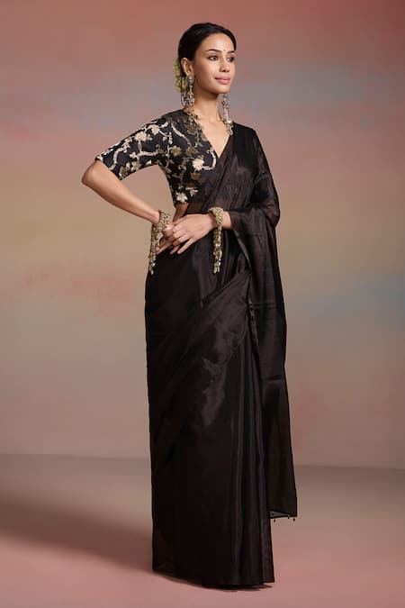 Shop_Dressfolk_Black Tissue Beads Rehmate Saree With Unstitched Blouse Piece _Online_at_Aza_Fashions