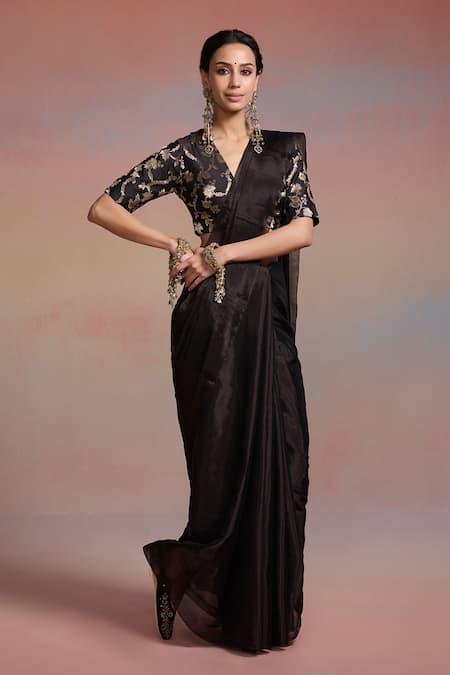 Dressfolk_Black Tissue Beads Rehmate Saree With Unstitched Blouse Piece _at_Aza_Fashions