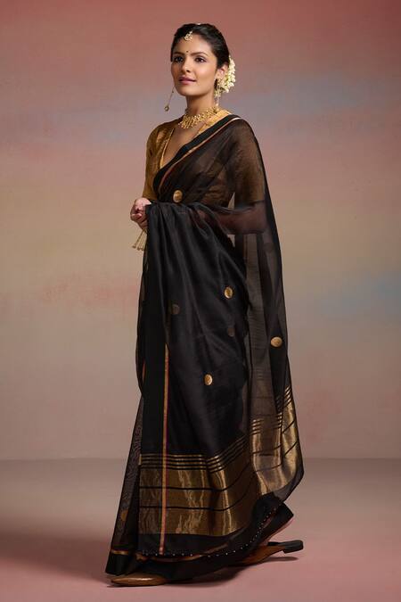 Dressfolk_Black Chanderi Zari, Embroidery Noura Saree With Unstitched Blouse Piece _Online_at_Aza_Fashions