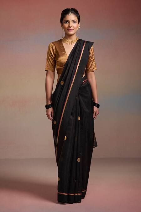 Buy_Dressfolk_Black Chanderi Zari, Embroidery Noura Saree With Unstitched Blouse Piece _Online_at_Aza_Fashions