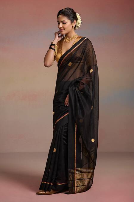 Shop_Dressfolk_Black Chanderi Zari, Embroidery Noura Saree With Unstitched Blouse Piece _Online_at_Aza_Fashions