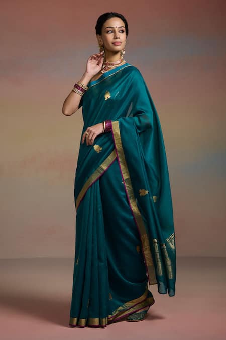 Dressfolk Teal Chanderi Embroidery, Beads Iraaya Woven Saree With Unstitched Blouse Piece Online at Aza Fashions Dressfolk_Teal Chanderi Embroidery, Beads Iraaya Woven Saree With Unstitched Blouse Piece _Online_at_Aza_Fashions