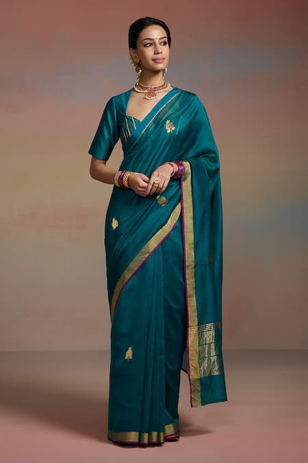Shop Dressfolk Teal Chanderi Embroidery, Beads Iraaya Woven Saree With Unstitched Blouse Piece Online at Aza Fashions Shop_Dressfolk_Teal Chanderi Embroidery, Beads Iraaya Woven Saree With Unstitched Blouse Piece _Online_at_Aza_Fashions