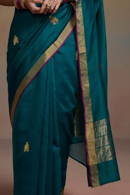 Dressfolk Teal Chanderi Embroidery, Beads Iraaya Woven Saree With Unstitched Blouse Piece at Aza Fashions Dressfolk_Teal Chanderi Embroidery, Beads Iraaya Woven Saree With Unstitched Blouse Piece _at_Aza_Fashions