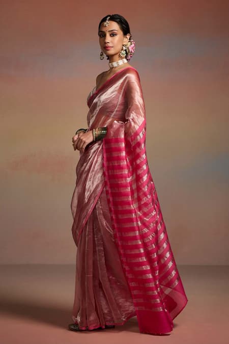 Dressfolk_Pink Tissue Beads Amaira Stripe Woven Saree With Unstitched Blouse Piece _Online_at_Aza_Fashions
