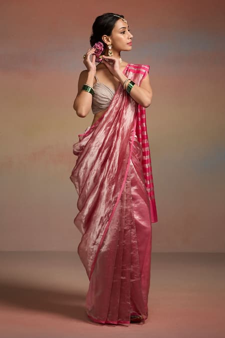 Buy_Dressfolk_Pink Tissue Beads Amaira Stripe Woven Saree With Unstitched Blouse Piece _Online_at_Aza_Fashions