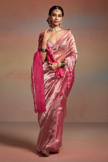 Dressfolk_Pink Tissue Beads Amaira Stripe Woven Saree With Unstitched Blouse Piece _at_Aza_Fashions