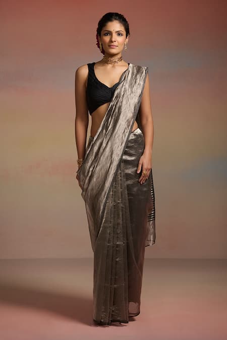 Buy_Dressfolk_Silver Tissue Beads Aamna Saree With Unstitched Blouse Piece _Online_at_Aza_Fashions