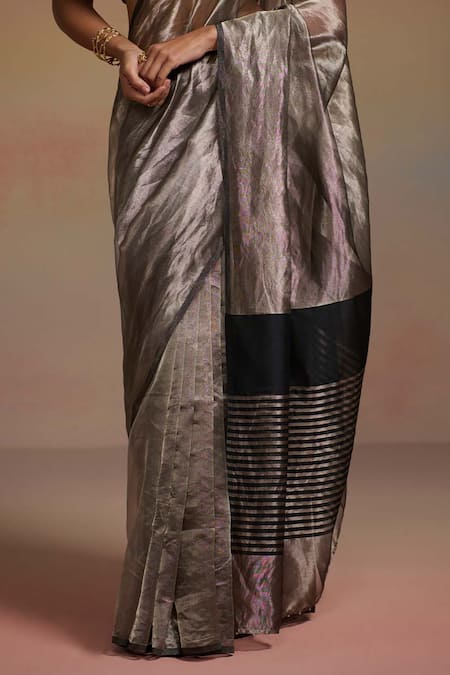 Shop_Dressfolk_Silver Tissue Beads Aamna Saree With Unstitched Blouse Piece _Online_at_Aza_Fashions