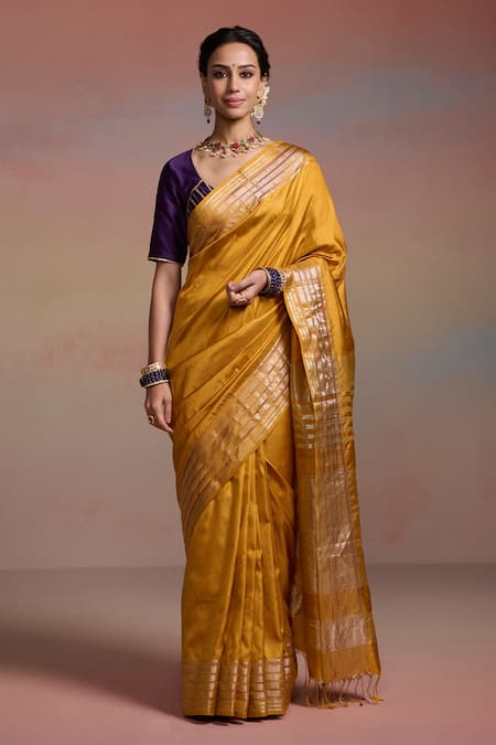 Dressfolk Yellow Maheshwari, Silk Zari, Ziya Woven Saree With Unstitched Blouse Piece