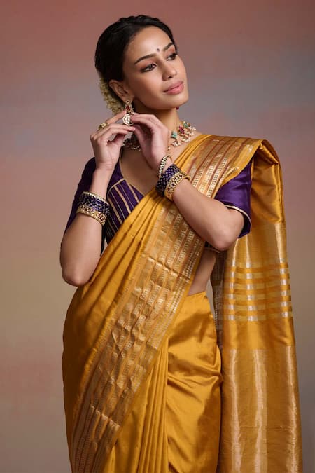Dressfolk Yellow Maheshwari, Silk Zari, Ziya Woven Saree With Unstitched Blouse Piece at Aza Fashions Dressfolk_Yellow Maheshwari, Silk Zari, Ziya Woven Saree With Unstitched Blouse Piece _at_Aza_Fashions
