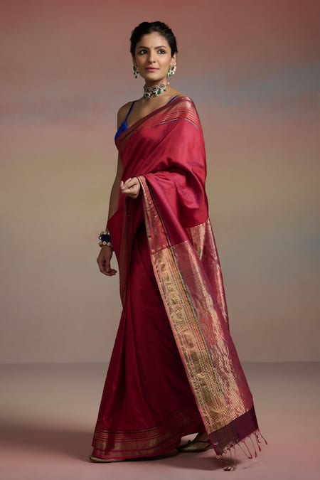 Dressfolk_Red Maheshwari, Silk Zari, Beads Rhea Woven Saree With Unstitched Blouse Piece _Online_at_Aza_Fashions