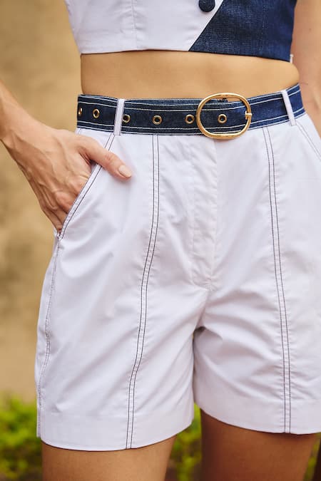 Maenaam White Denim, Cotton Embroidery, Studs Asymmetric, Nopsi Crop Top And Shorts Set Online at Aza Fashions Maenaam_White Denim, Cotton Embroidery, Studs Asymmetric, Nopsi Crop Top And Shorts Set _Online_at_Aza_Fashions