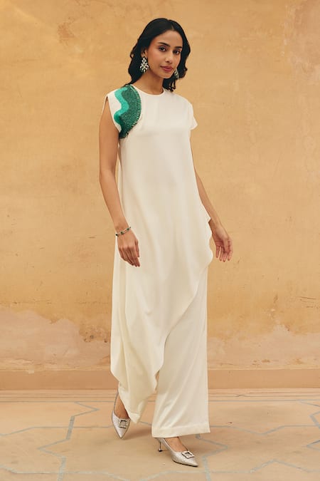 Shop Maenaam Ivory Polyester, Satin Sequins, Embroidery Margot Asymmetric Top And Pant Set Online at Aza Fashions Shop_Maenaam_Ivory Polyester, Satin Sequins, Embroidery Margot Asymmetric Top And Pant Set _Online_at_Aza_Fashions