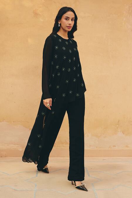 Buy Maenaam Black Georgette Beads, Sequins Round Neck Dara Hand Embroidered Cape Pant Set Online at Aza Fashions Buy_Maenaam_Black Georgette Beads, Sequins Round Neck Dara Hand Embroidered Cape Pant Set _Online_at_Aza_Fashions