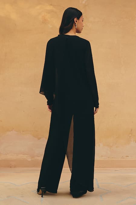 Shop Maenaam Black Georgette Beads, Sequins Round Neck Dara Hand Embroidered Cape Pant Set at Aza Fashions Shop_Maenaam_Black Georgette Beads, Sequins Round Neck Dara Hand Embroidered Cape Pant Set _at_Aza_Fashions