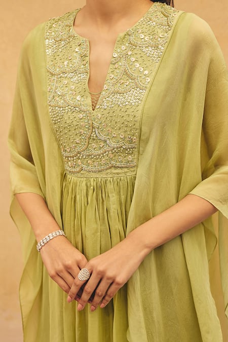 Maenaam Green Organza, Satin Sequins, Beads, Embroidery Naira Hand Kaftan Top Pant Set Online at Aza Fashions Maenaam_Green Organza, Satin Sequins, Beads, Embroidery Naira Hand Kaftan Top Pant Set _Online_at_Aza_Fashions